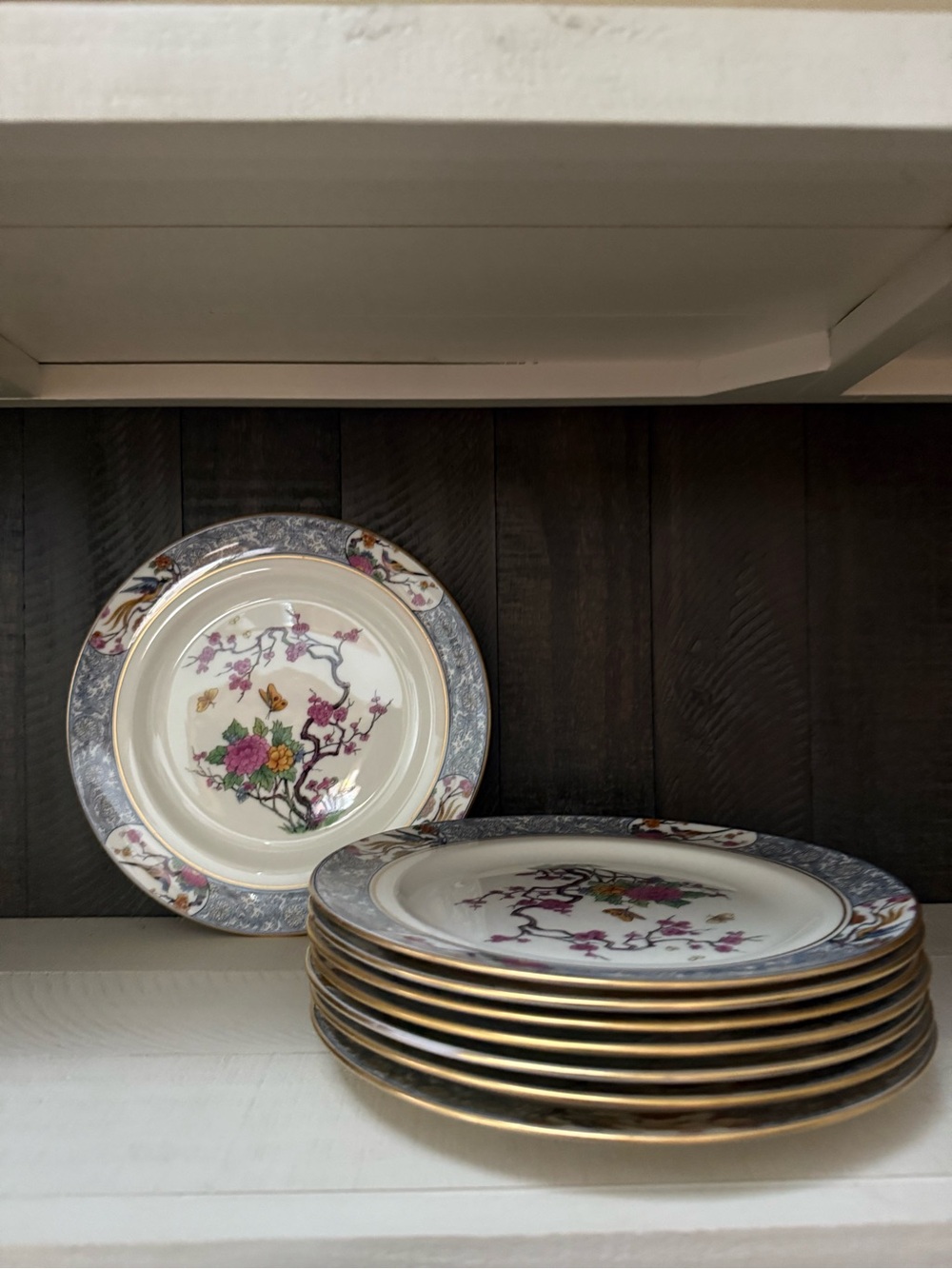 Lenox Ming Collection Floral Porcelain lunch Plates in Ivory, Pink and Gold Trim
